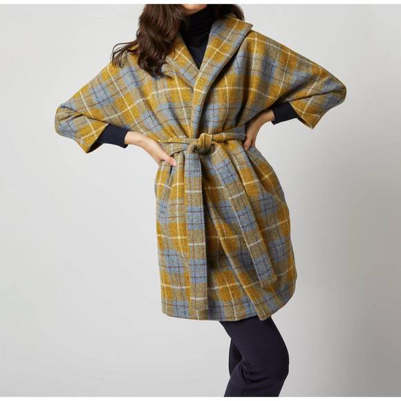 NEW ANN MASHBURN kimono carina coat in blue gold plaid tweed - Picture 1 of 4